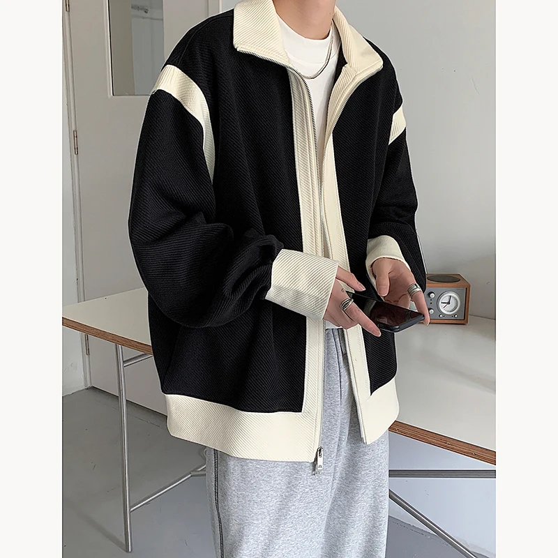 

Мужская вязаная куртка в стиле колор-блок из Гонконга, свободного кроя, с двойной молнией, осенняя, модная, брендовая, в уличном стиле, с длинными рукавами