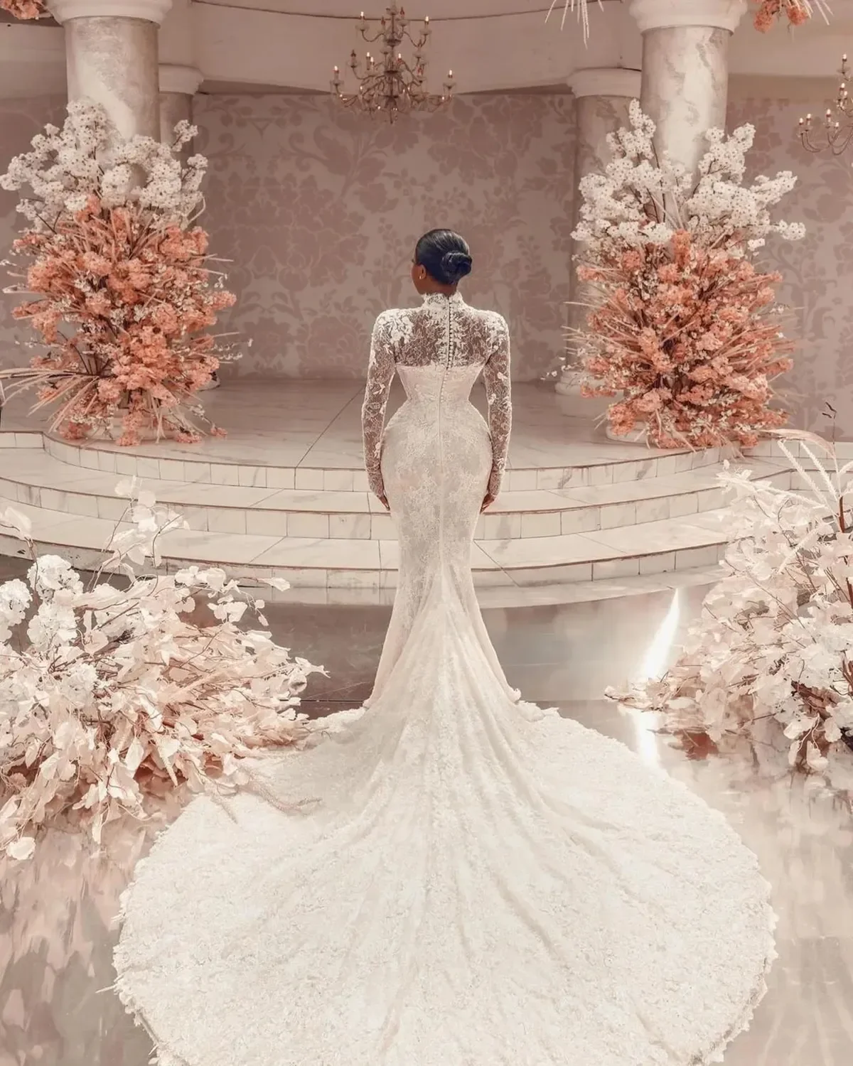 로얄 이슬람 높은 목 웨딩 드레스 우아한 긴 소매 레이스 인어 신부 가운 패션 스윕 기차 신부 드레스 맞춤형