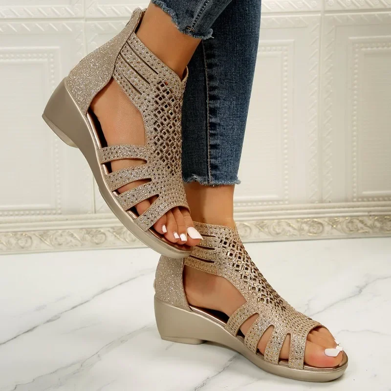 Fashion Rhinestone Wedge Sandals Women  Summer New Elegant Ladies Rome Shoes Hollow Sandals Female Black Casual Sandalias