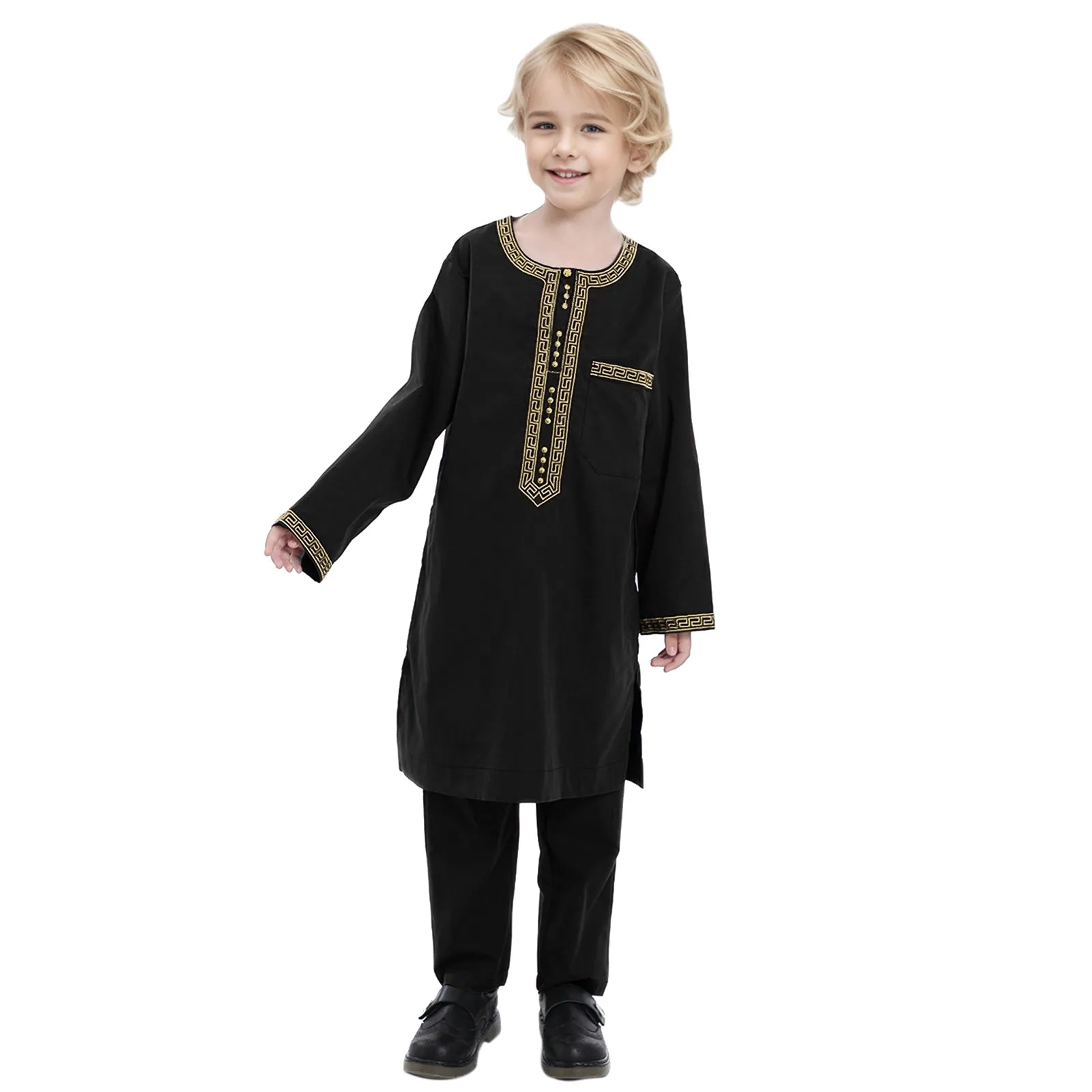 New 2024 Dubai Arab Muslim Kids Boys Clothes Sets Abaya Kaftan Robes+Pants Islamic Ramadan Clothing Arabic Child Kaftans Costume