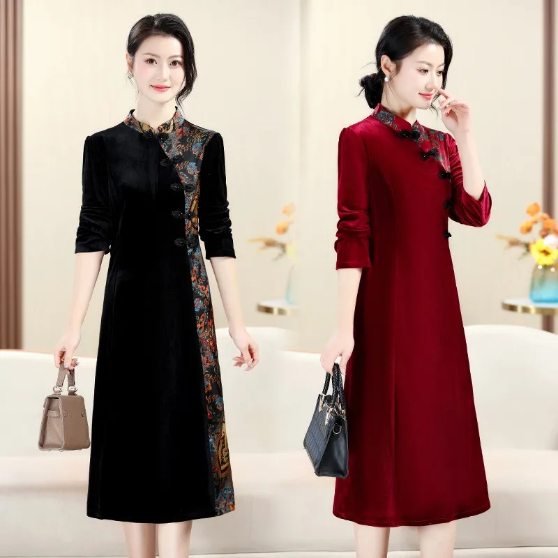 

2024 Improved Cheongsam Dress For Women Spring Autumn New Middle-aged Mother Golden Velvet Dresses High End Elegant Party Dress