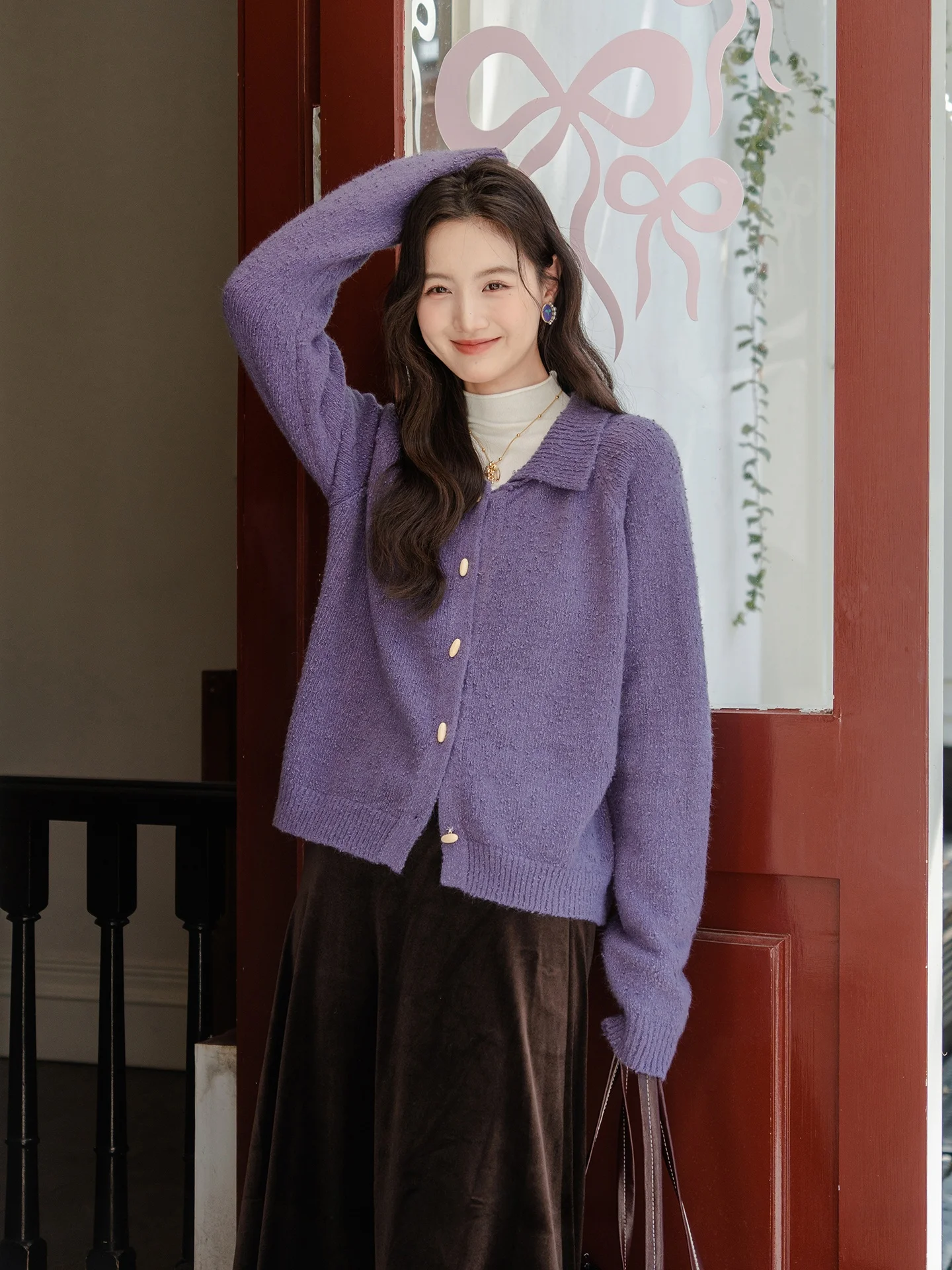 

Purple Knitted Sweater Women's Inner Wear Old Money Sle Autumn Winter Soft Pure Color Regular Fit Long Sve Cardigan Coat