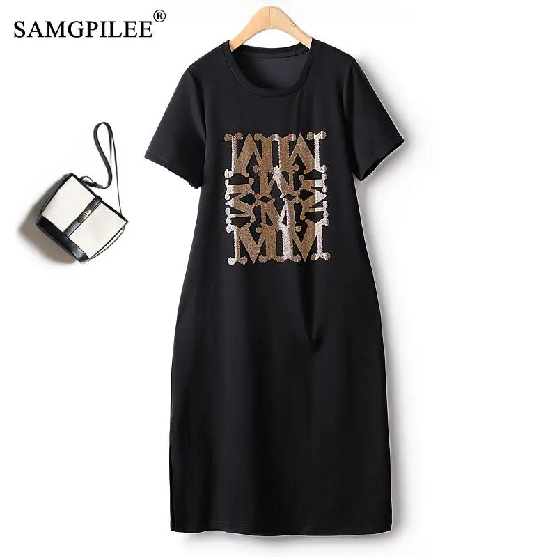 

New Guard Dress 2023 Summer Slim Heavy Industry Ironing Diamond Letters Straight Mid Length Commuting Short Sleeve Dresses Women