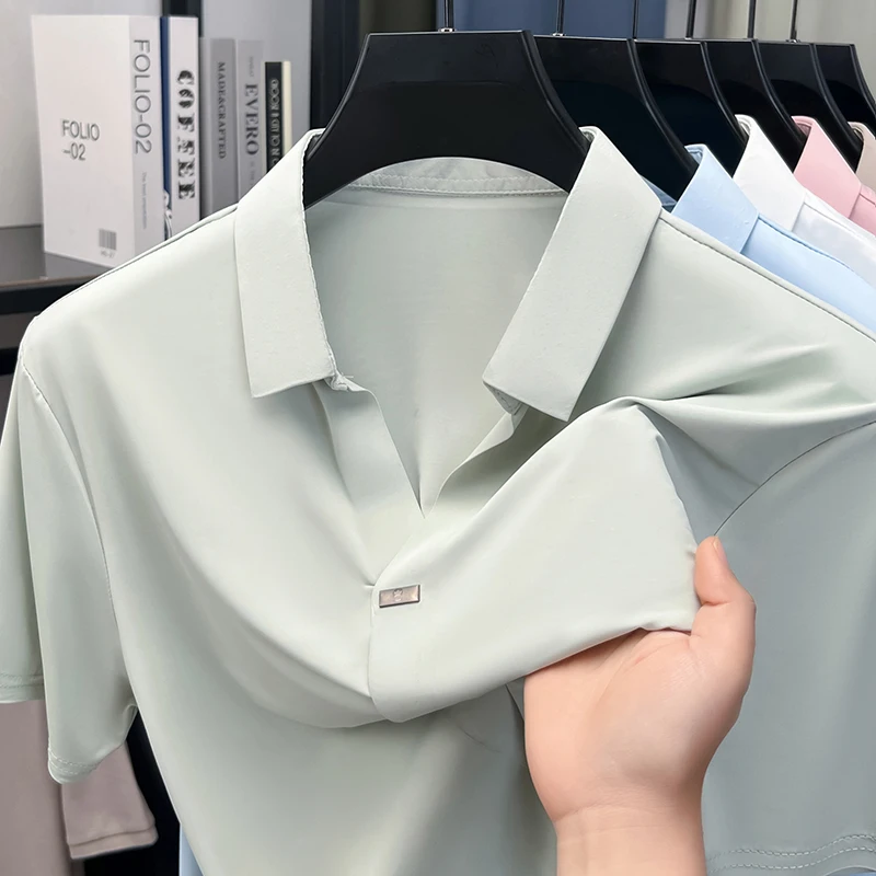 Herren Eisseide Hemd mit verdecktem Knopf, Reverskragen, Kurzarm, Slim Fit, weich, knitterfrei, atmungsaktiv, Sommer-Oberteil – Detail 7