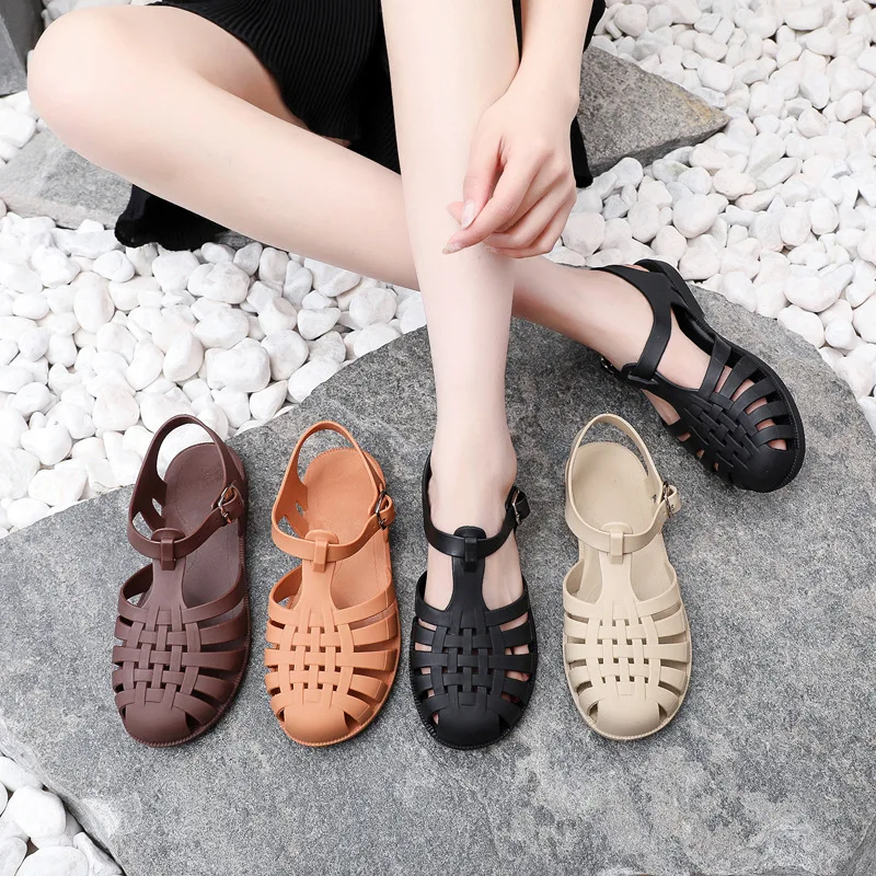 

Womens Roman Ankle Strap Cage Closed Toe Flat Sandals Outer Wear Breathable Flat-Bottomed Casual Buckle Beach Jelly Shoes