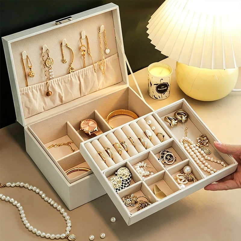 Double-Layer Jewelry Storage Box, Large-Capacity Leather Jewelry Organizer with Different Storage Areas, High-End Multi-Layer Jewelry Storage Box for Earrings, Necklaces, and Bracelets
