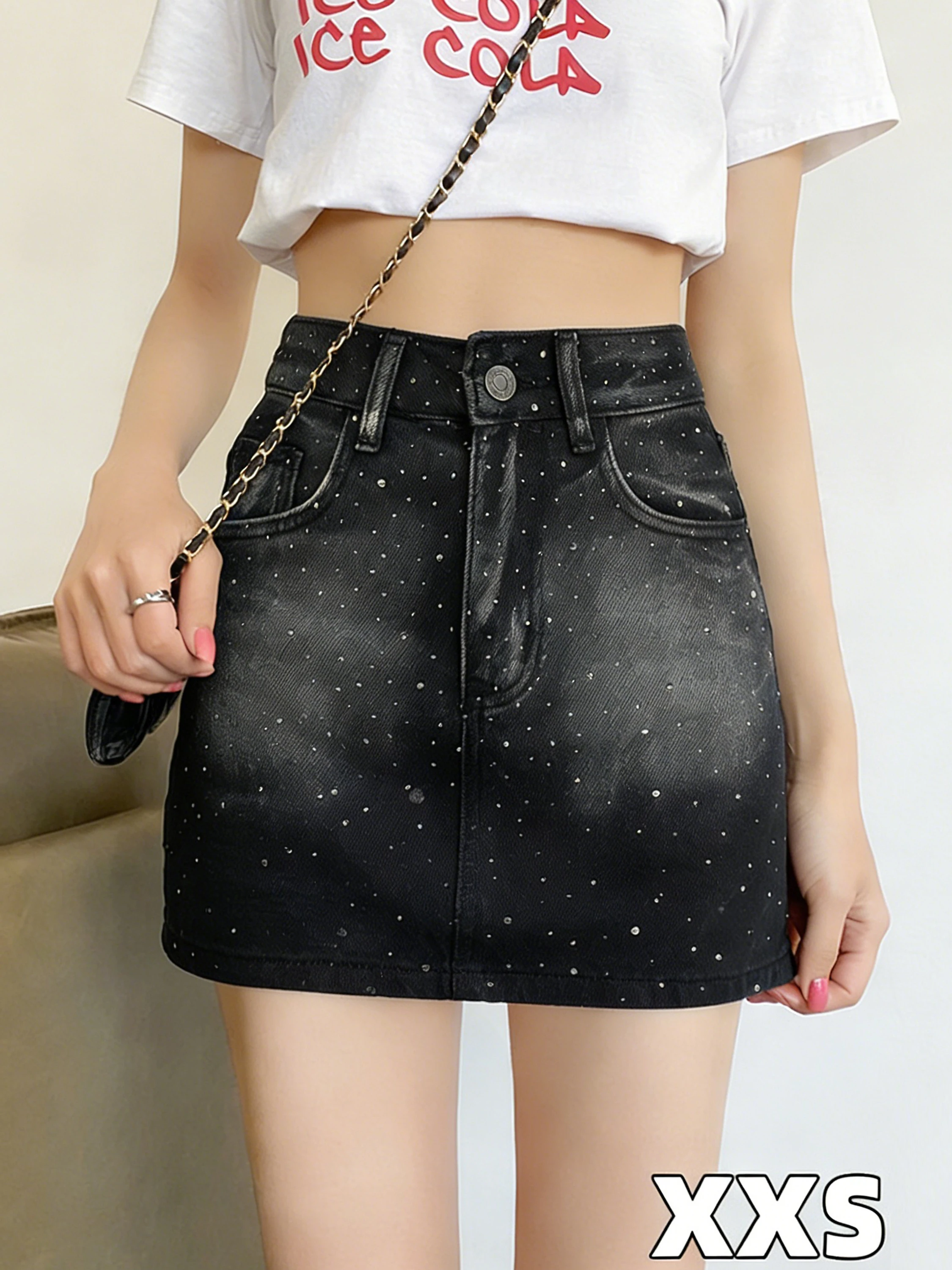 

Slim Fit Gradient Rhinestone Denim Short Skirt Women's Summer New Style High Waist Korean Version Zipper Design Bodycon Halflen