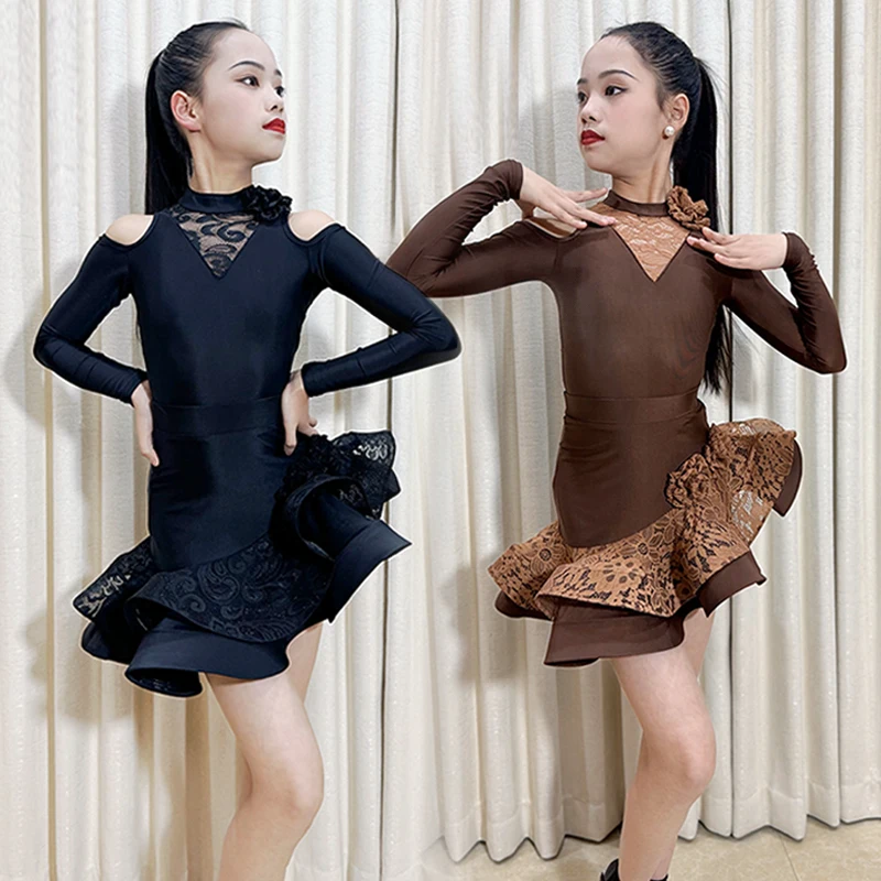 레이스 라틴 댄스 슈트 소녀 블랙 퍼포먼스 의상 긴팔 바디수트 러플 스커트 키즈 라틴 무대 의상 연습복 4281