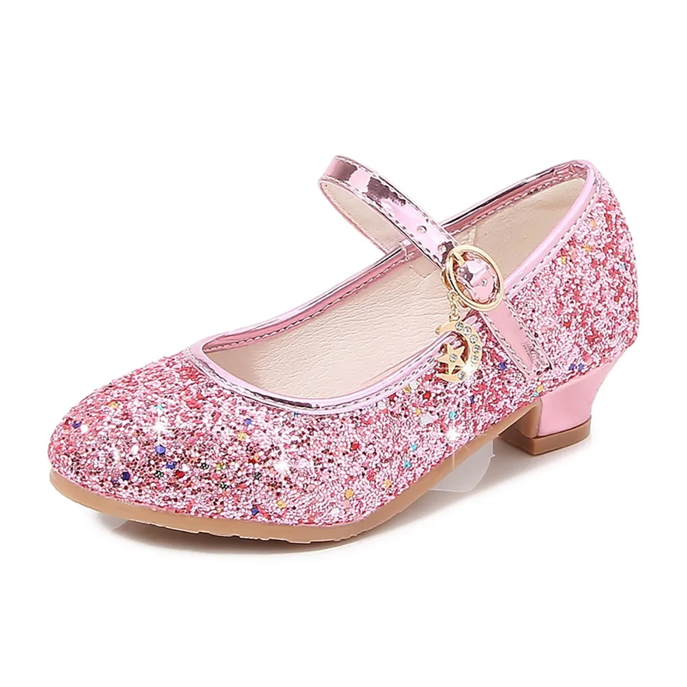 Princess Kids Girls Party Shining Dance Shoes Anti-slip Soft Children Sequins High Heels Shoes Birthday Holiday Casual Shoes