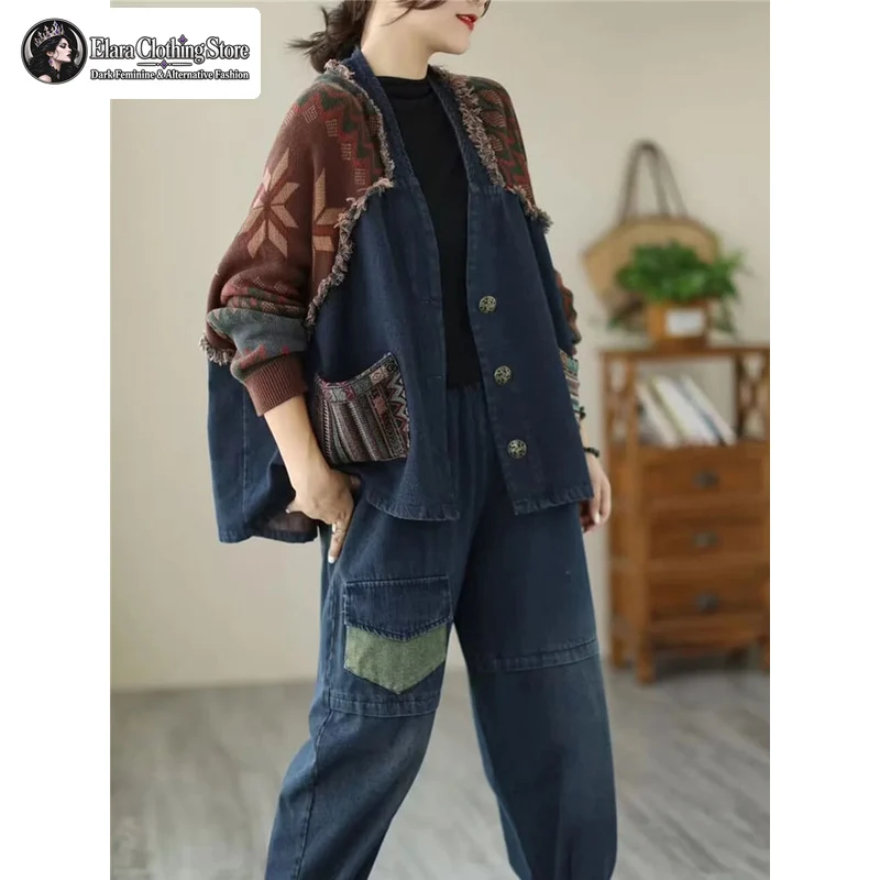 Y2k Artistic Retro Casual Plus Size Women's Denim Jacket Autumn New Style Personalized Knitted Fringed Patchwork Printed Top