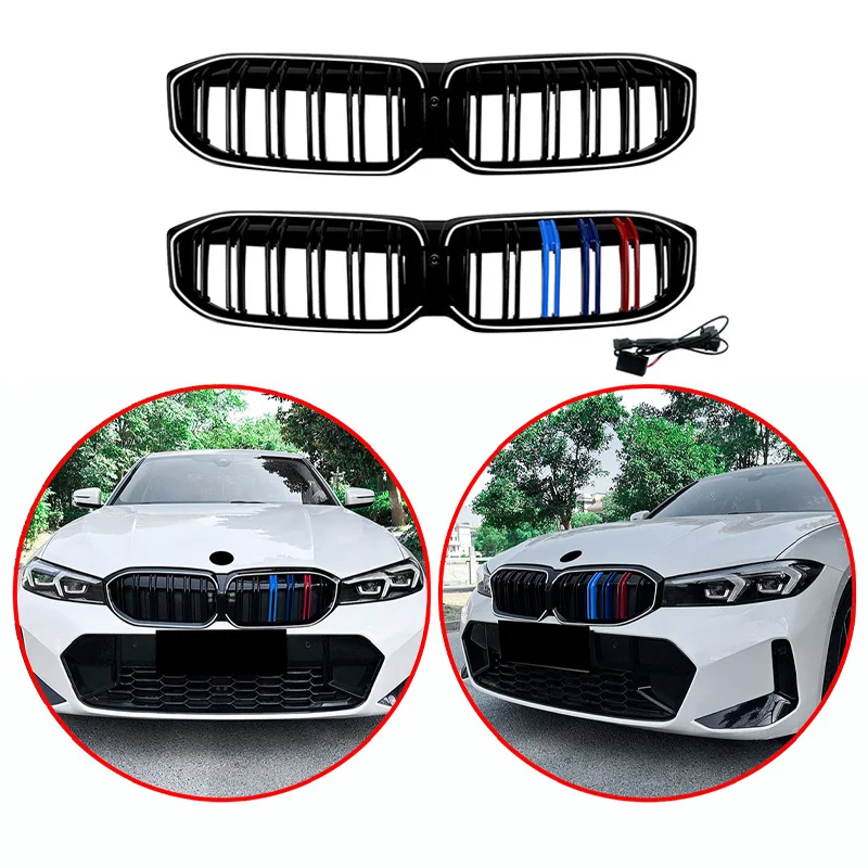 For BMW 3 Series G20 G21 2023+ High Quality ABS Double Lines 3 Color LED Kidney Grille 3 Color Front Bumper Grill Glossy Black