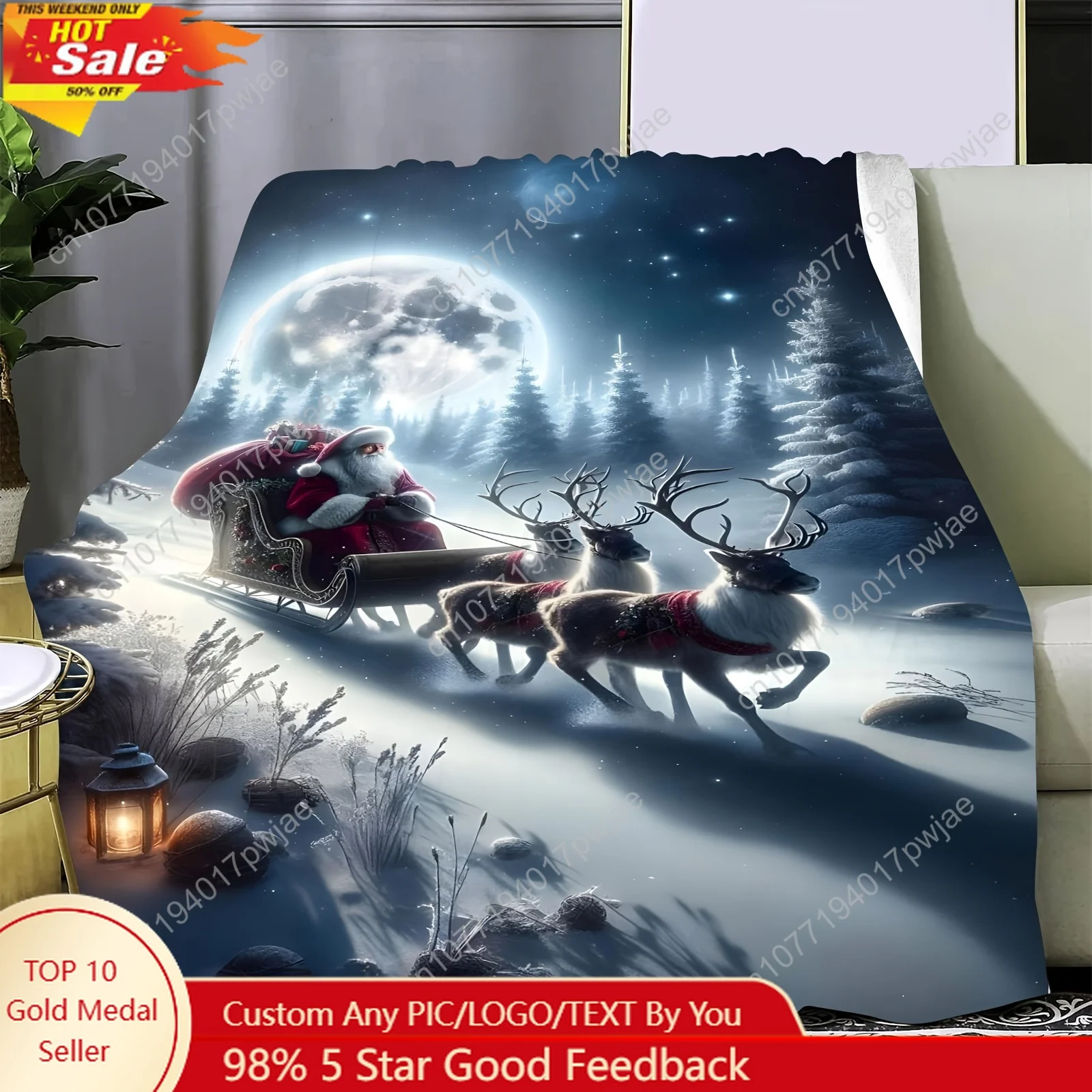 [All-Season Soft Flannel Throw] Bohemian Style Flannel Throw Blanket - Christmas Santa and Reindeer Pattern, All-Season Soft Kni