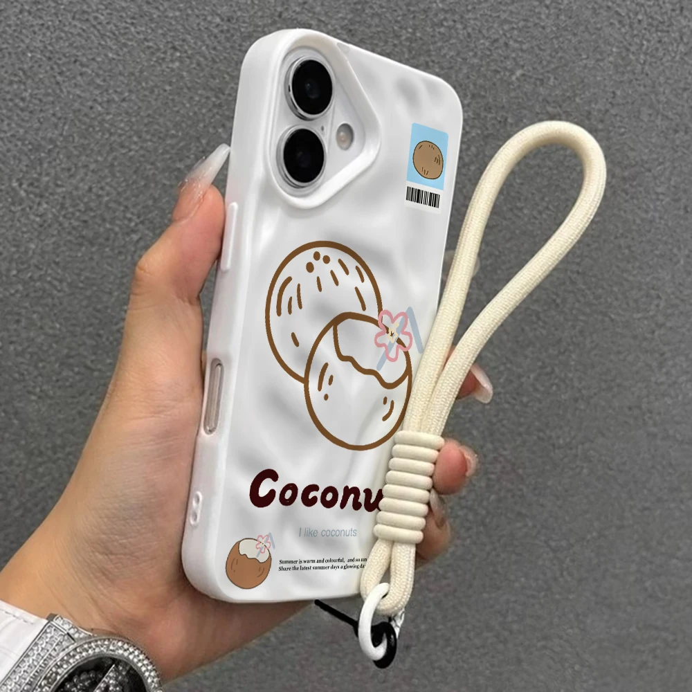 Niedliche Handyhülle mit Kokosnussmuster aus Falten-Silikon für iPhone 17 15 13 11 12 14 16 17 Pro Max 15 Plus Air mit Lanyard INS Cover – Detail 6