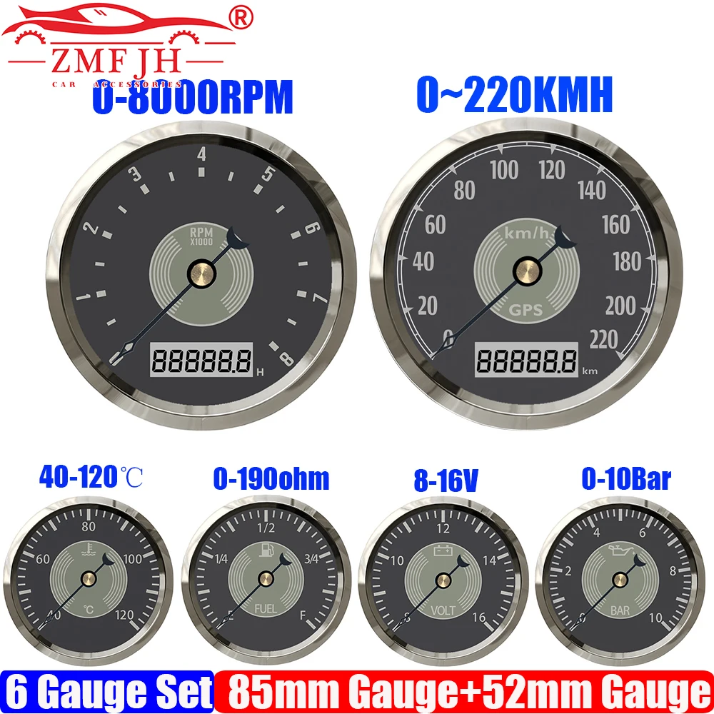 

ZMFJH Marine 6 Gauge Set Retro Vintage Classic 220KMH,MPH 85MM GPS Speedometer Tachometer Fuel Level Water Temp Oil Press Voltag