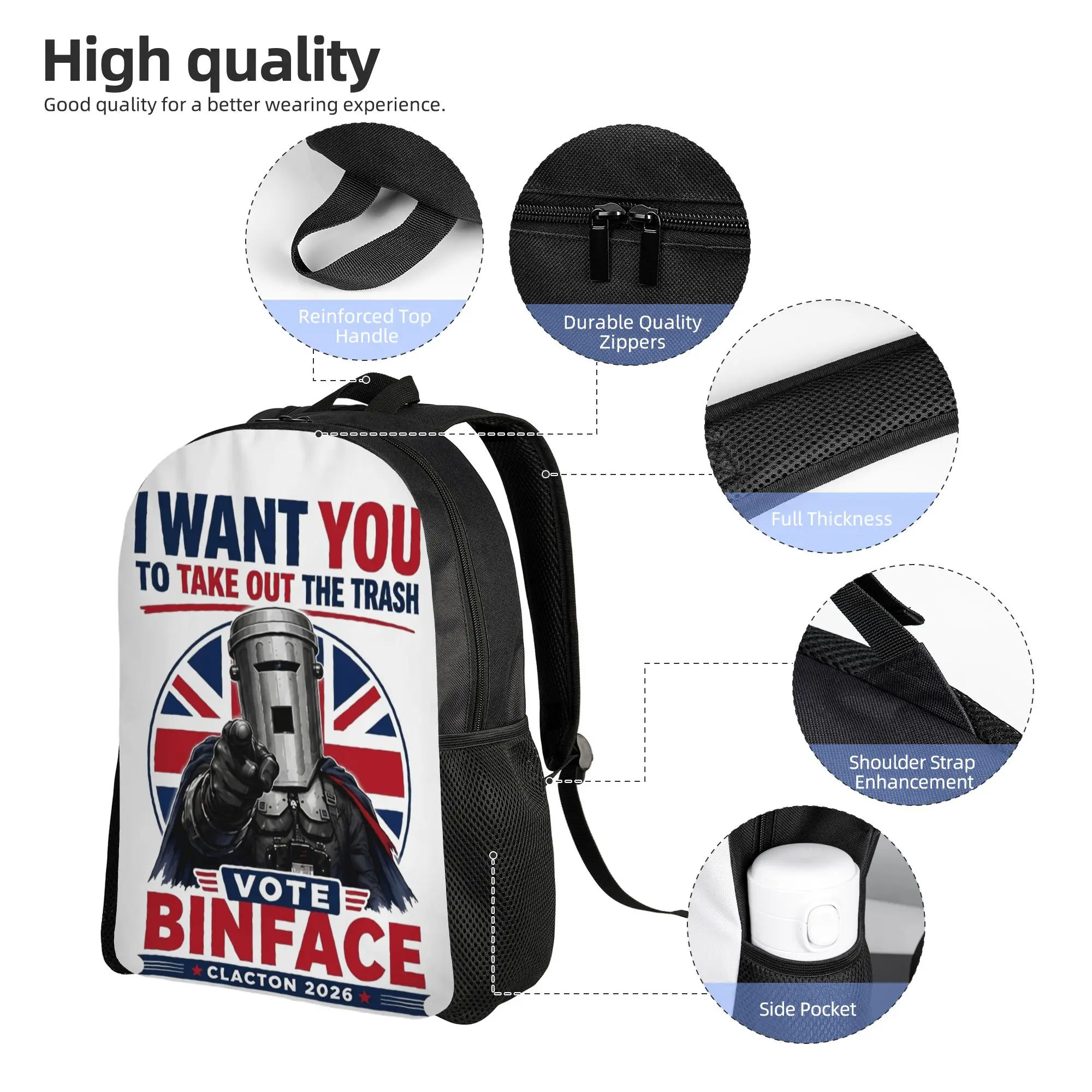 Binface, Vote Binface Clacton By-Election Backpack for Men Teenage Student Daypack  Laptop Computer Shoulder Bag Lightweight