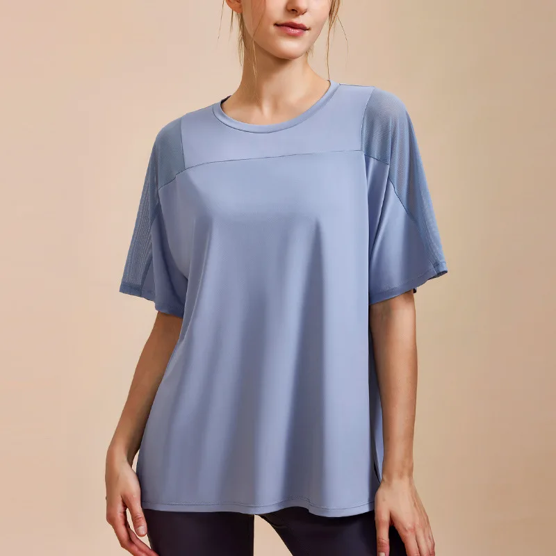 Oddychające luźne spodenki do jogi t-shirty damskie siłownia z siatką okrągłe kołnierzyki bieganie trening szybkoschnące koszule