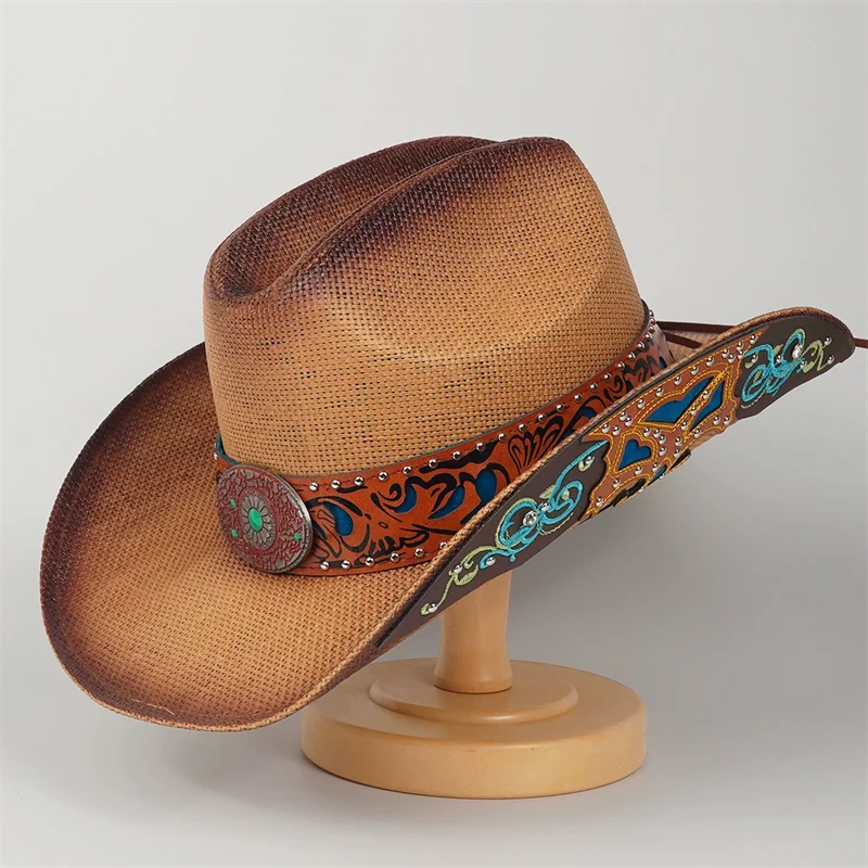 Spray-painted cowboy hat Straw Summer Beach Cap with Shell Band  Women Men Western Cowboy Hats Music Festival sombreros vaqueros