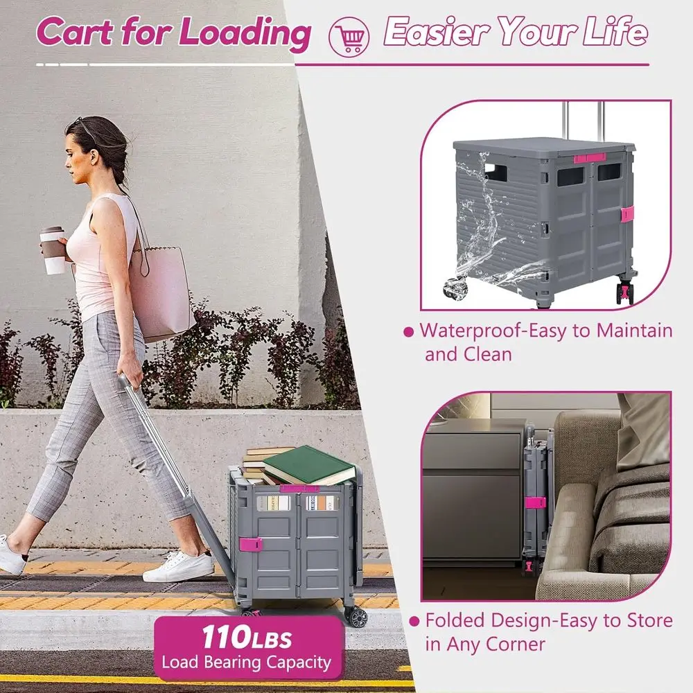 Carrinho utilitário dobrável portátil com rodas giratórias, alça ajustável e tampa magnética para armazenamento, compras e uso em escritório (Gra