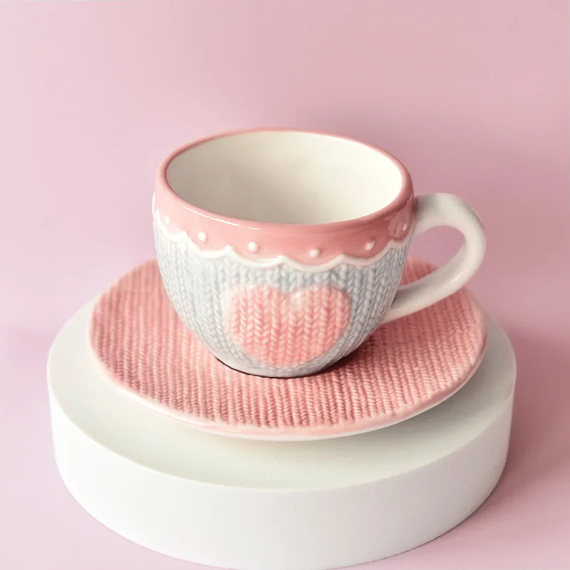 

Knitted Love Coffee Cup Set, Ceramic Plate, Creative Girl Pink Gift, European Afternoon Tea Cup, Breakfast Milk, Oat Mug