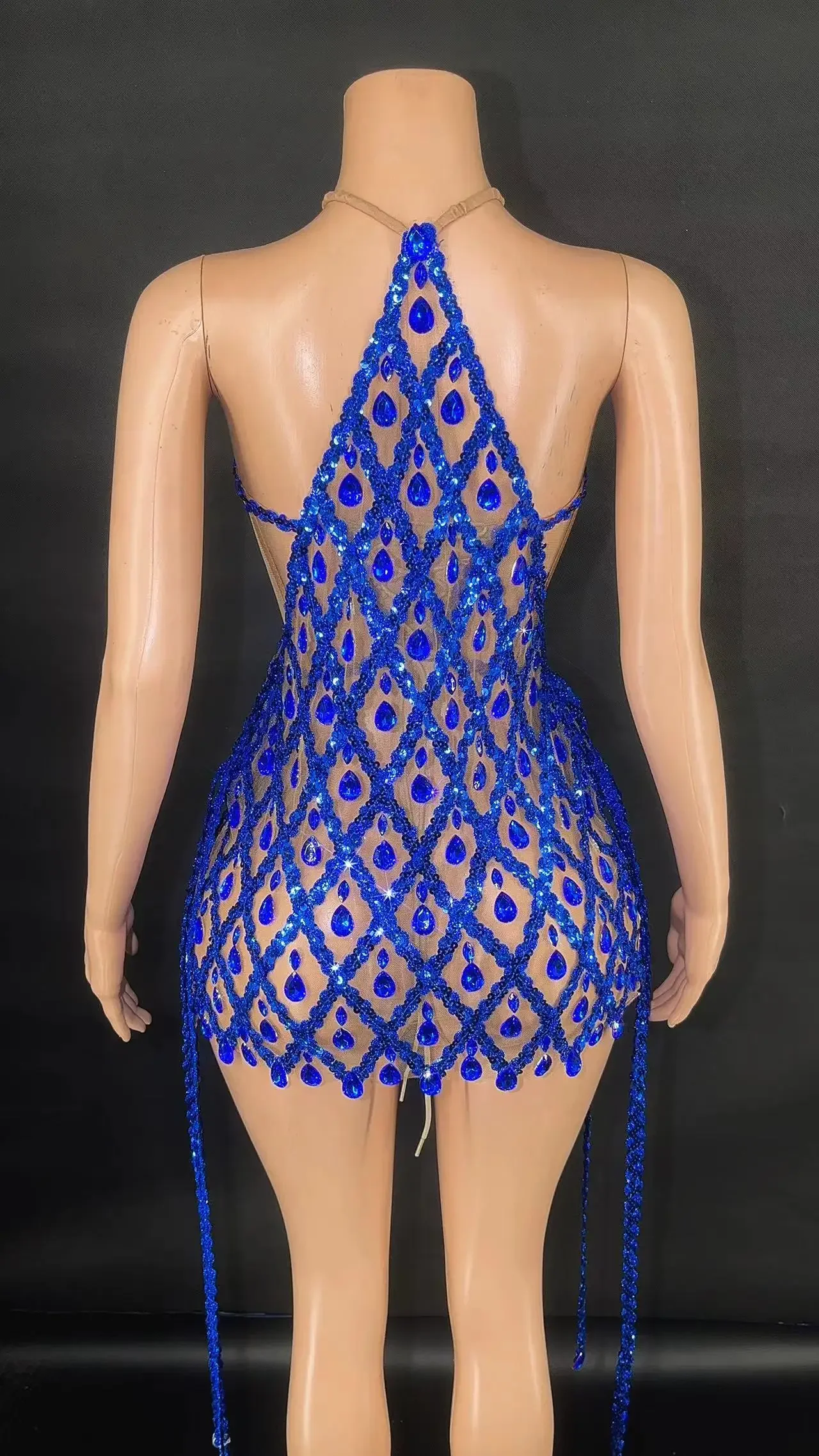 Sexy Sparkly Multicolor Rhinestones Sleeveless Mesh Transparent Short Dress Women Birthday Celebrate Prom Dance Dress Plus Size