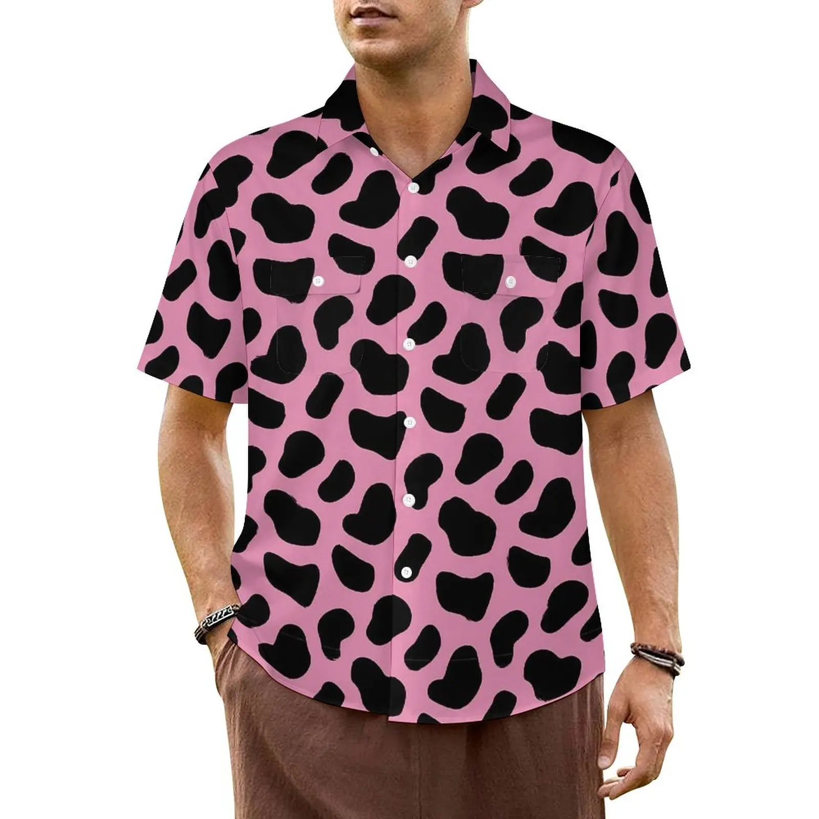 

Cute Dalmatian Casual Shirt Pink And Black Elegant Hawaii Shirts Men Short Sleeves Vacation Stylish Custom Oversize Blouses