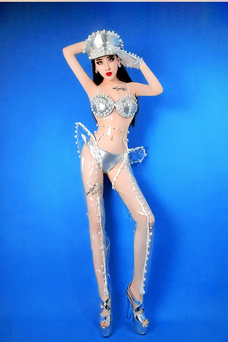 Nowa sukienka bar ds performance seksowna dj klub nocny gogo prowadzący taniec perłowe bikini zestaw sukienek scenicznych