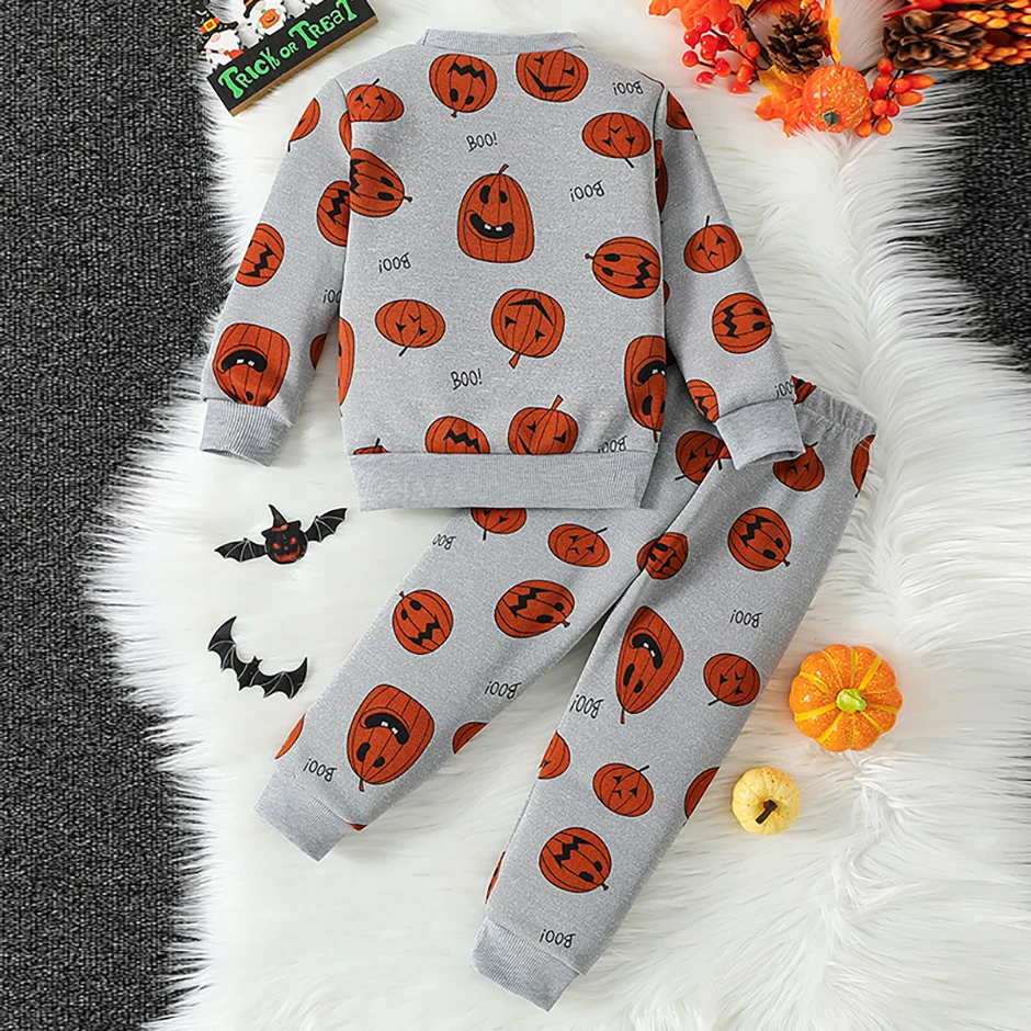 2-teiliges Herbst- und Winter-Kinder-Halloween-Set mit niedlichem Print-Sweatshirt und Hose für Jungen und Mädchen, Thanksgiving-Mode-Set – Detail 9