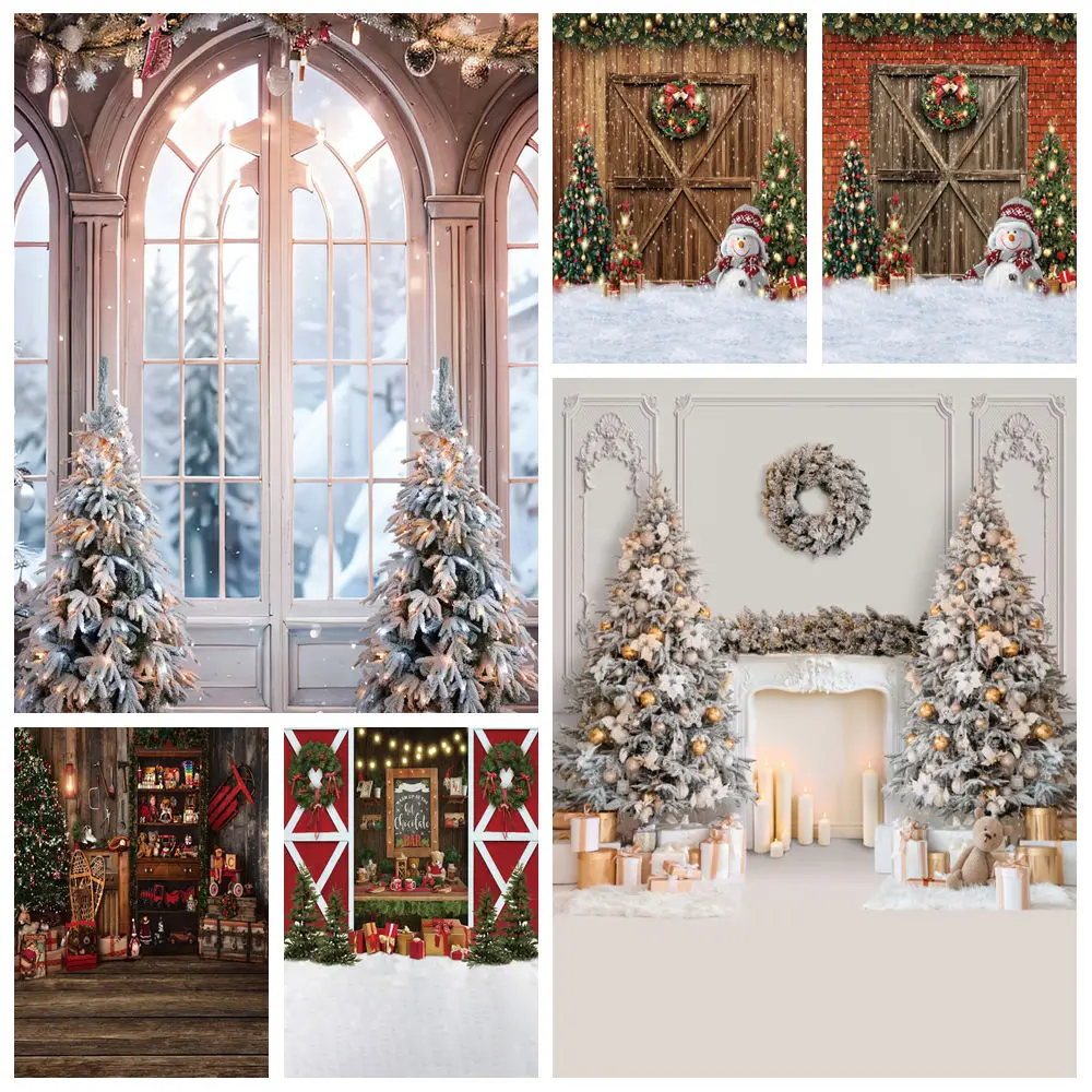 

Christmas Backdrop Winter Fireplace Barn Xmas Tree Glfts Wood Board Baby Portrait Photography Background Photocall Photo Studio