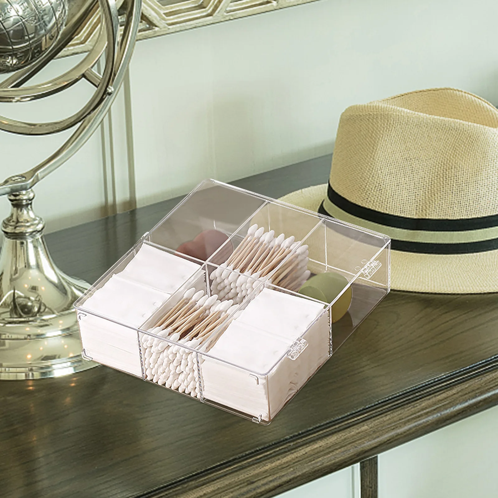 Scatola portaoggetti per batuffoli di cotone Scomparti multipli in acrilico Coperchio trasparente Organizzatore per trucco Supporto da tavolo Contenitore per rossetto