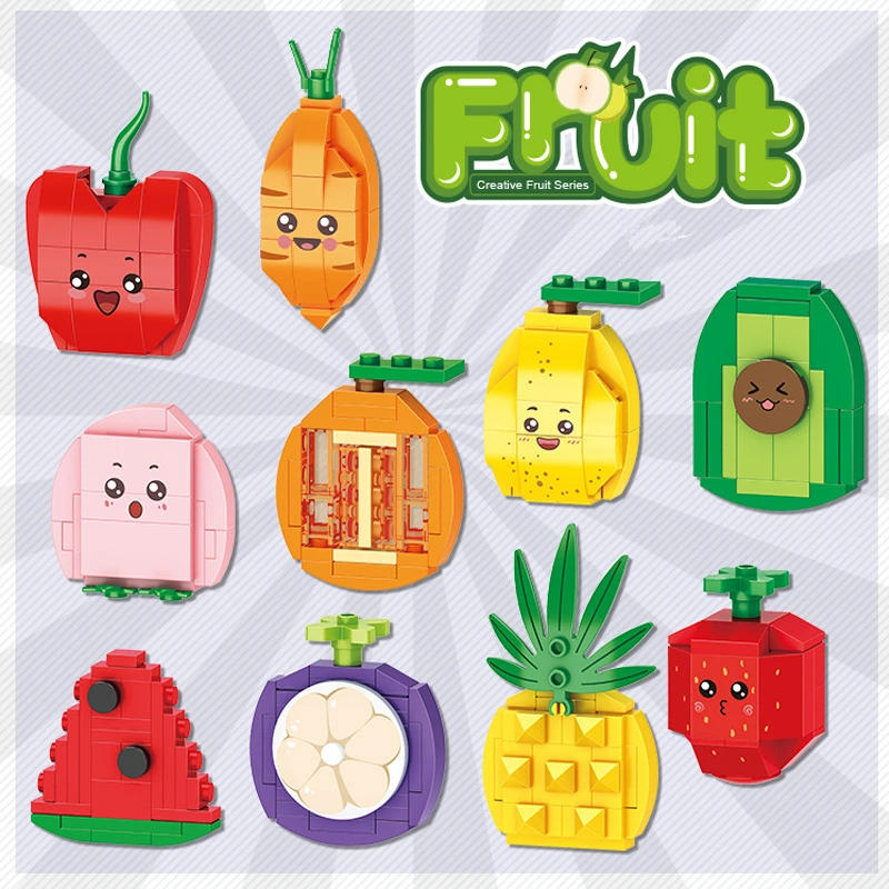 10 em 1 bonito arquitetônico vista de rua alimentos batatas fritas lanches frutas animais blocos de construção kit menina tijolos modelo crianças brinquedo