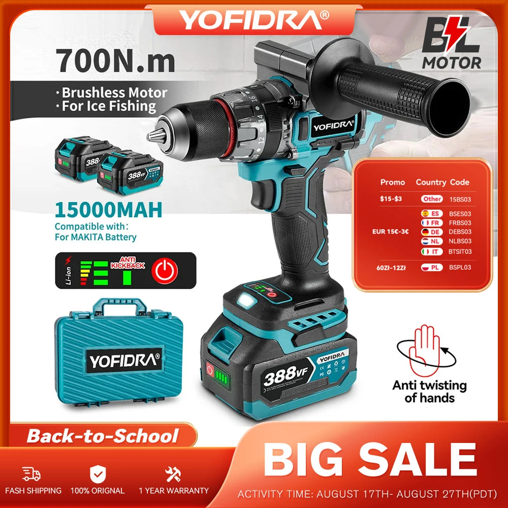 YOFIDRA 700N.M Brushless Trapano a percussione elettrico Cordless Cacciavite Piastre Terreno Lavorazione del legno Strumento elettrico per Makita Batteria Spille