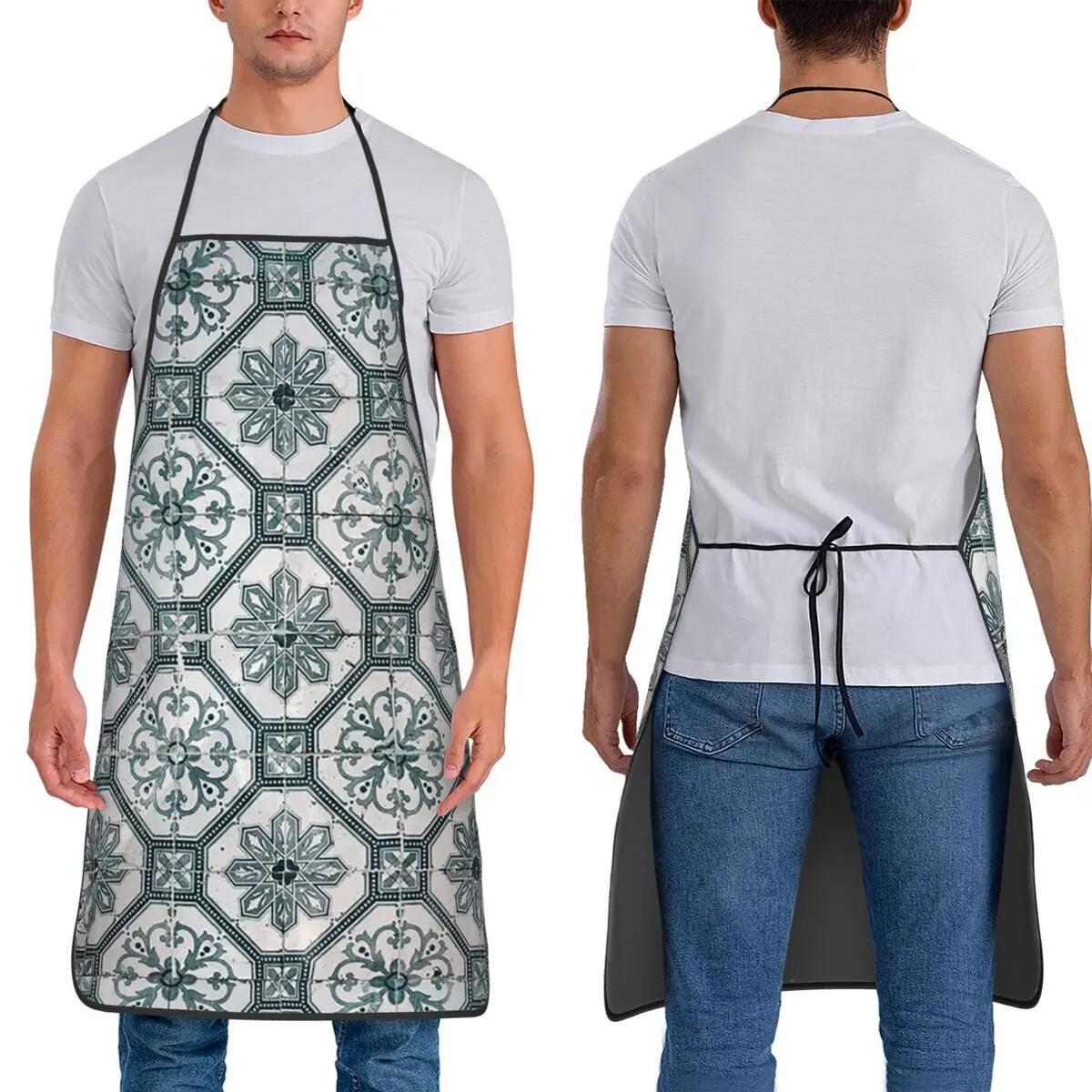 

Green Toned Portuguese Tile Pattern Aprons Chef Baking Tablier Waterproof Bib Kitchen Cleaning Pinafore for Women Men Gardening