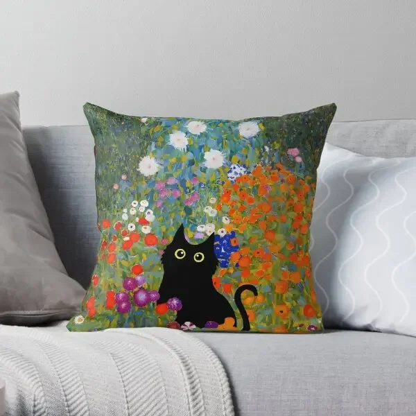 Black Cat In Flowers Garden Gustav Klimt  Printing Throw Pillow Cover Cushion Anime Decor Waist Pillows not include One Side