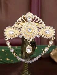 Sunspicems Crystal Moroccan Brooch For Women Long Bead Chain Pendant Arabic Lapel Hijab Pin Algeria Bridal Wedding Jewelry