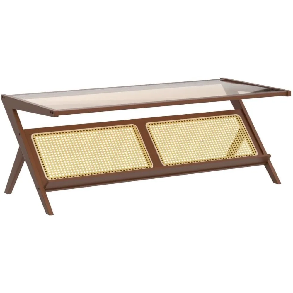 Mid-Century Modern Coffee Table with Glass Top and Rattan Center, Brown Storage Table for Living Room