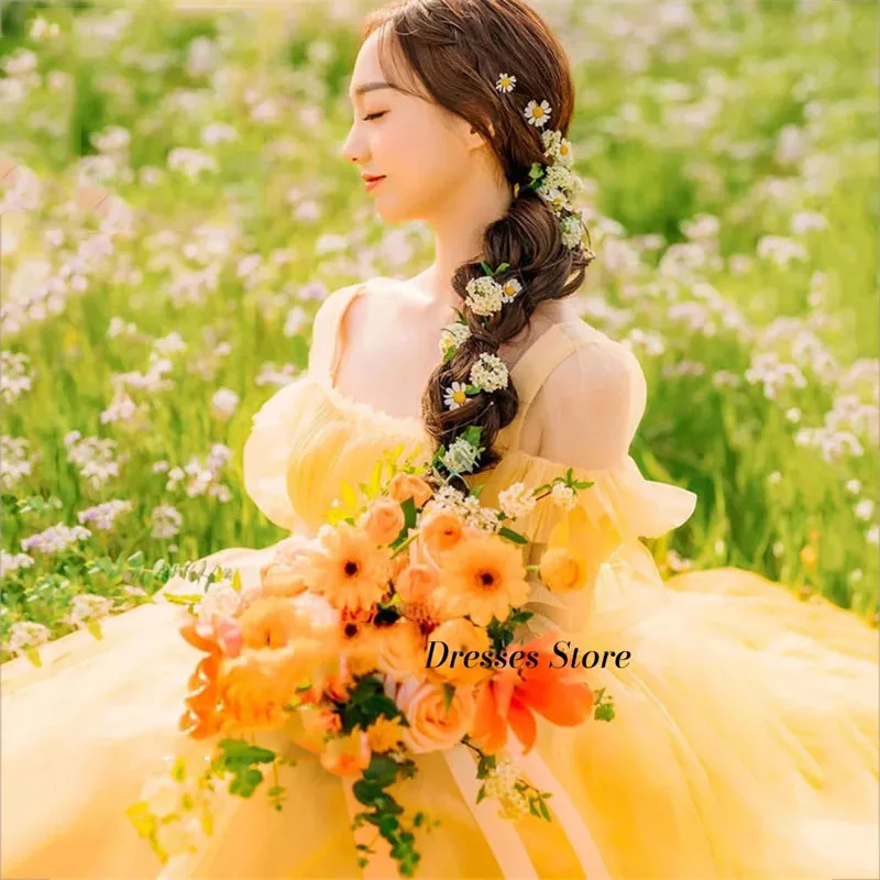 LISM vestido de novia de Organza amarillo de hadas, vestido de novia de línea a de Corea, mangas cortas abullonadas, cuello cuadrado, sesión de fotos, princesa personalizada