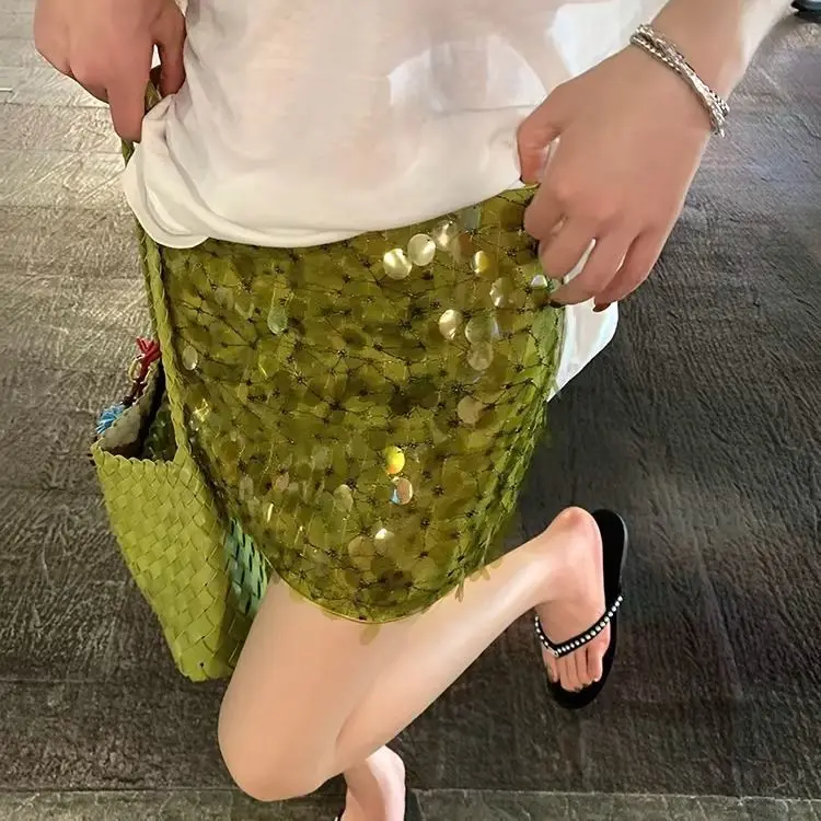 

Summer Versatile Heavy Industry Hip Wrap Green Sequin High Waist Skirt