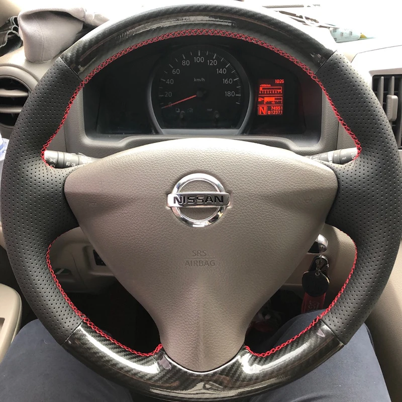 

Сшитый вручную чехол на руль из натуральной кожи из углеродного волокна для Nissan Note Serena Sylphy RU Versa Note NV200