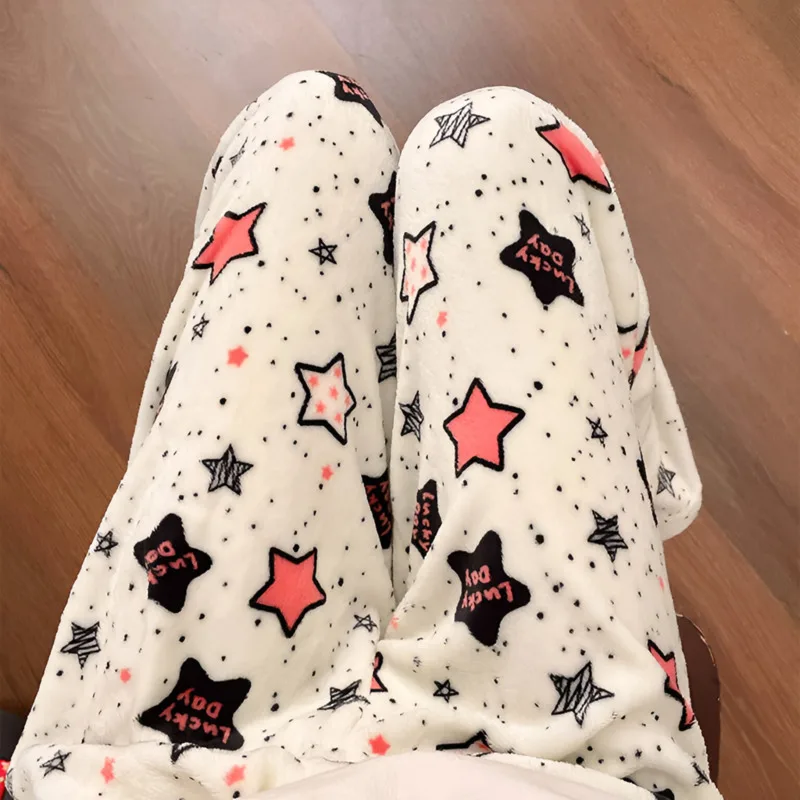 

Sleeping Pants Y2k Girls Winter 2000s Aesthetic Star Graphic Coral Fleece Pjs Pijama Pants Casual Warm Home Wear Trousers Women