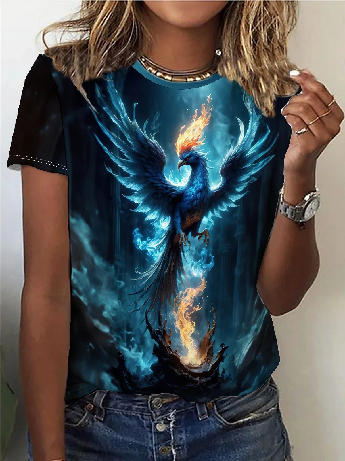 

Women's Clothing Blue Flame Phoenix Print T-shirt, Casual Crew Neck Short Sleeve Top for Spring & Summer