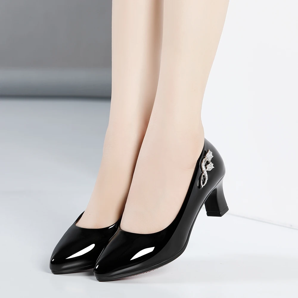 Women High Heels Shoes Women Pumps Patent Leather Single Woman Dress Shoes Thick Heels Pointed Toe Female Pumps