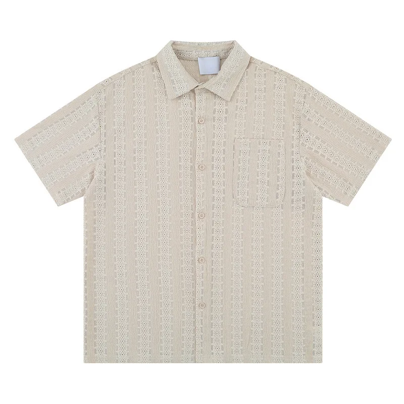 Breathable layered apricot short-sleeved shirt, casual loose fit, pleated design, Hong Kong style men's short-sleeved shirt