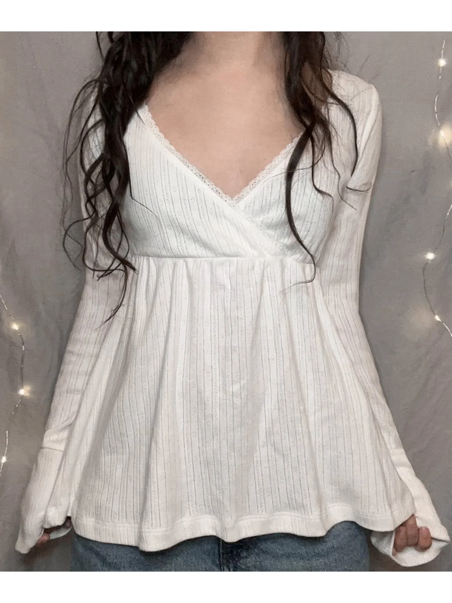 Chemisier à manches longues pour femmes, élégant, couleur unie, col en v, haut portefeuille avec bordure en dentelle, pour un usage décontracté élégant, automne