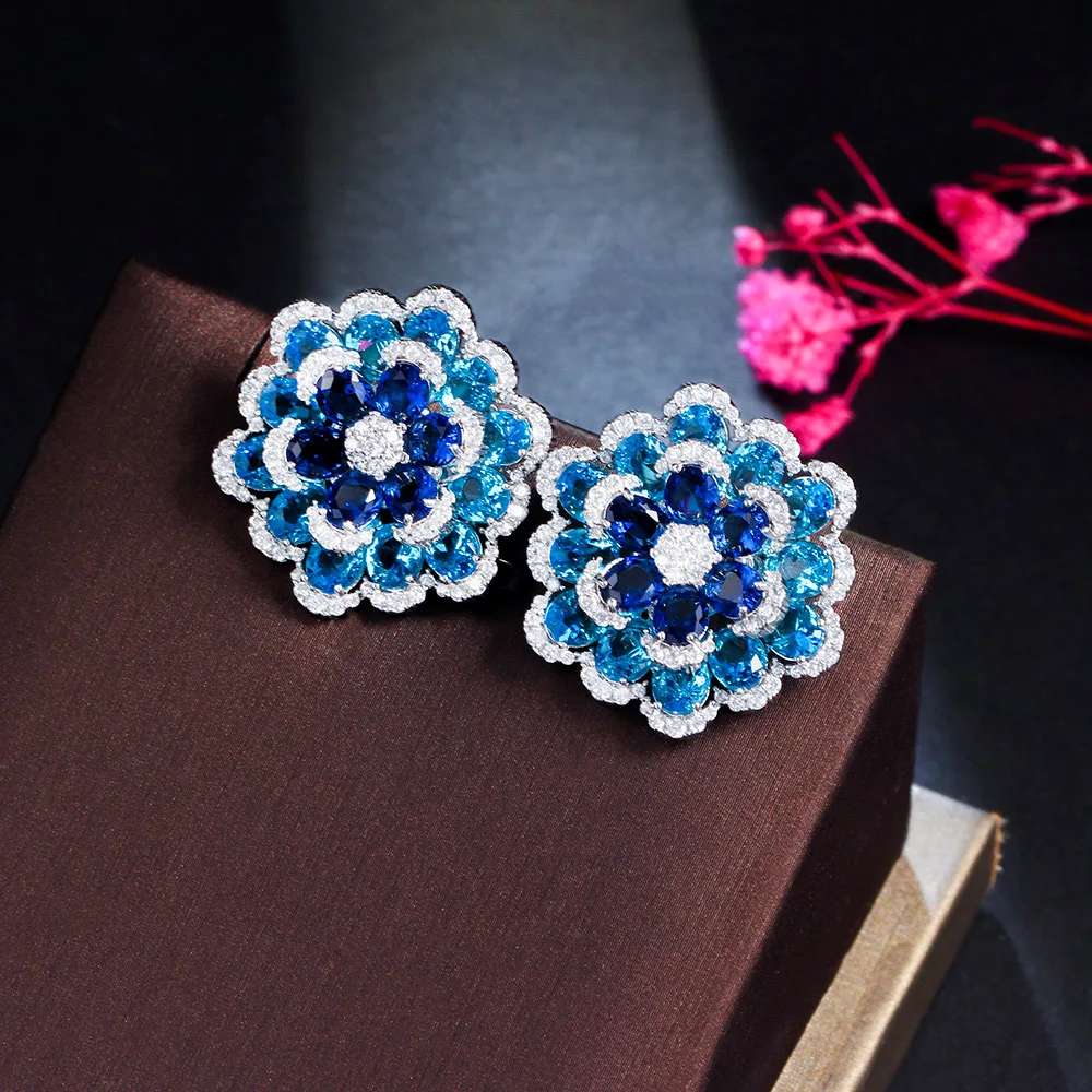 CWWZircons Art Deco Multiple Blooming Flower Blue Cubic Zircon Big Fancy Geometric Earrings for Women Fine Jewelry Gift CZ287