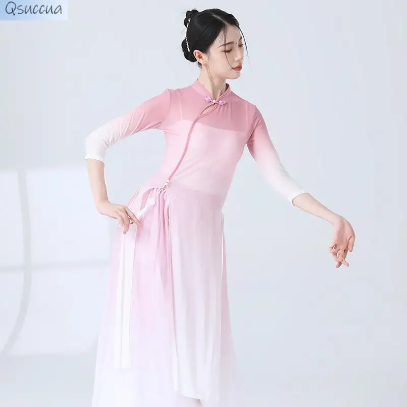 

Classical Dance Clothes Tops, National Style Elastic Dance Gradient Cheongsam Body Rhyme Practice Clothes Performance Women