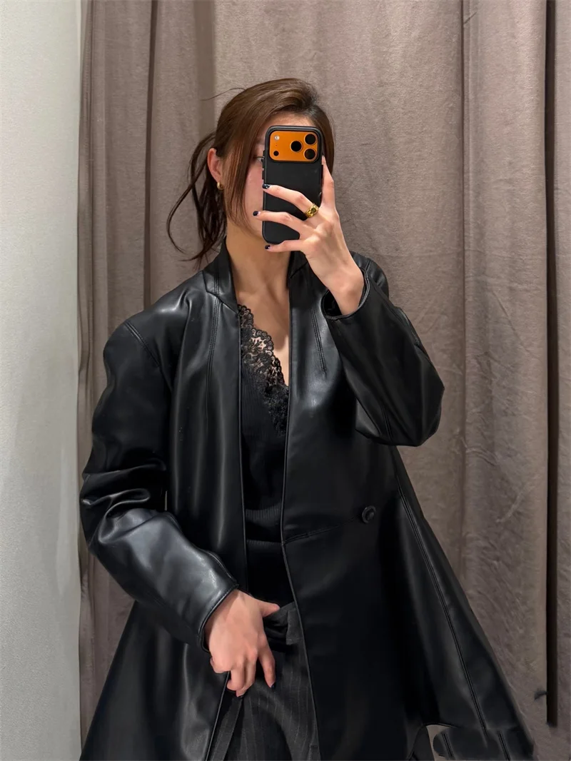 Guobioziy Women's Jacket 2026 Early Autumn New Fashion Collarless Long Sleeve Double-Breasted Slim Blazer
