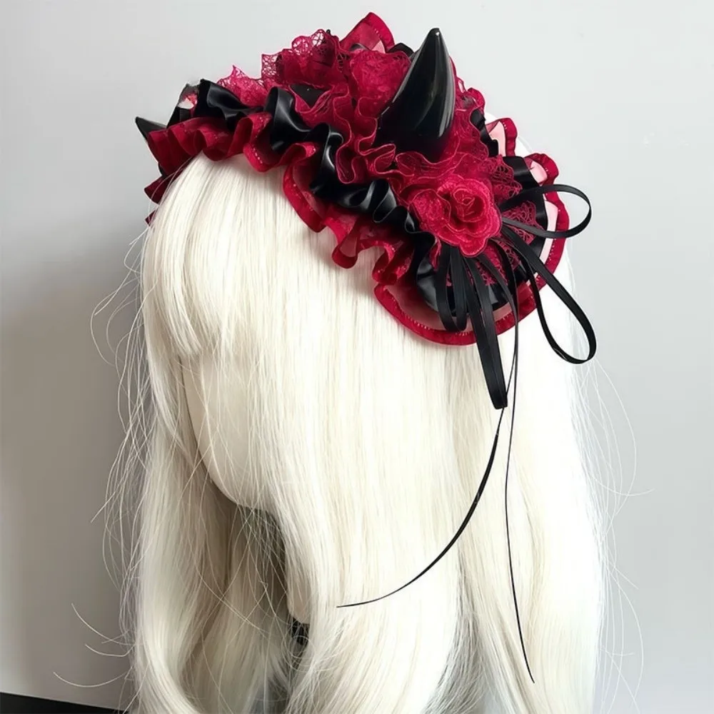 Dark Style Ruffle Devil's Corner Hair Band Bow Punk Little Devil Headband Tulle Cosplay Gothic Headwear Halloween Party