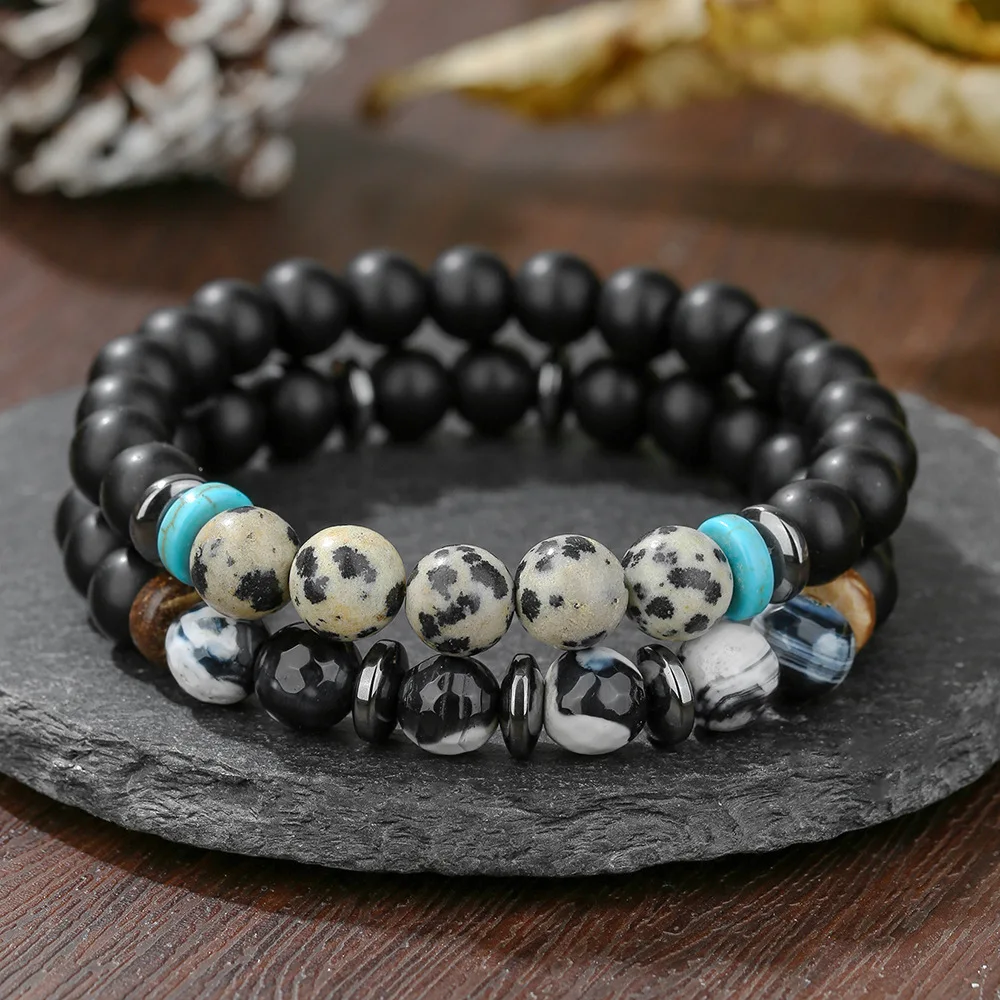 Vintage Doppelschicht Naturstein-Perlen Armband Punk Spot Stone Herren Armband Rock Hip Hop Schmuck Accessoires – Detail 3