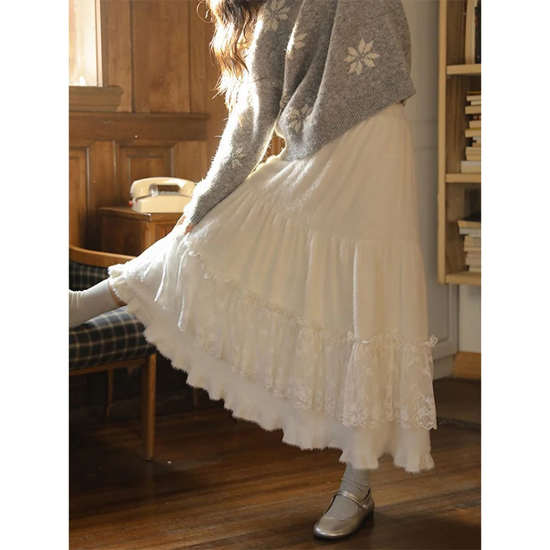 MEXZT Sweet Lace Midi Skirt Women Kawaii Cutecore Patchwork Skirts Winter Japanese Streetwear High Waist Casual A Line Faldas