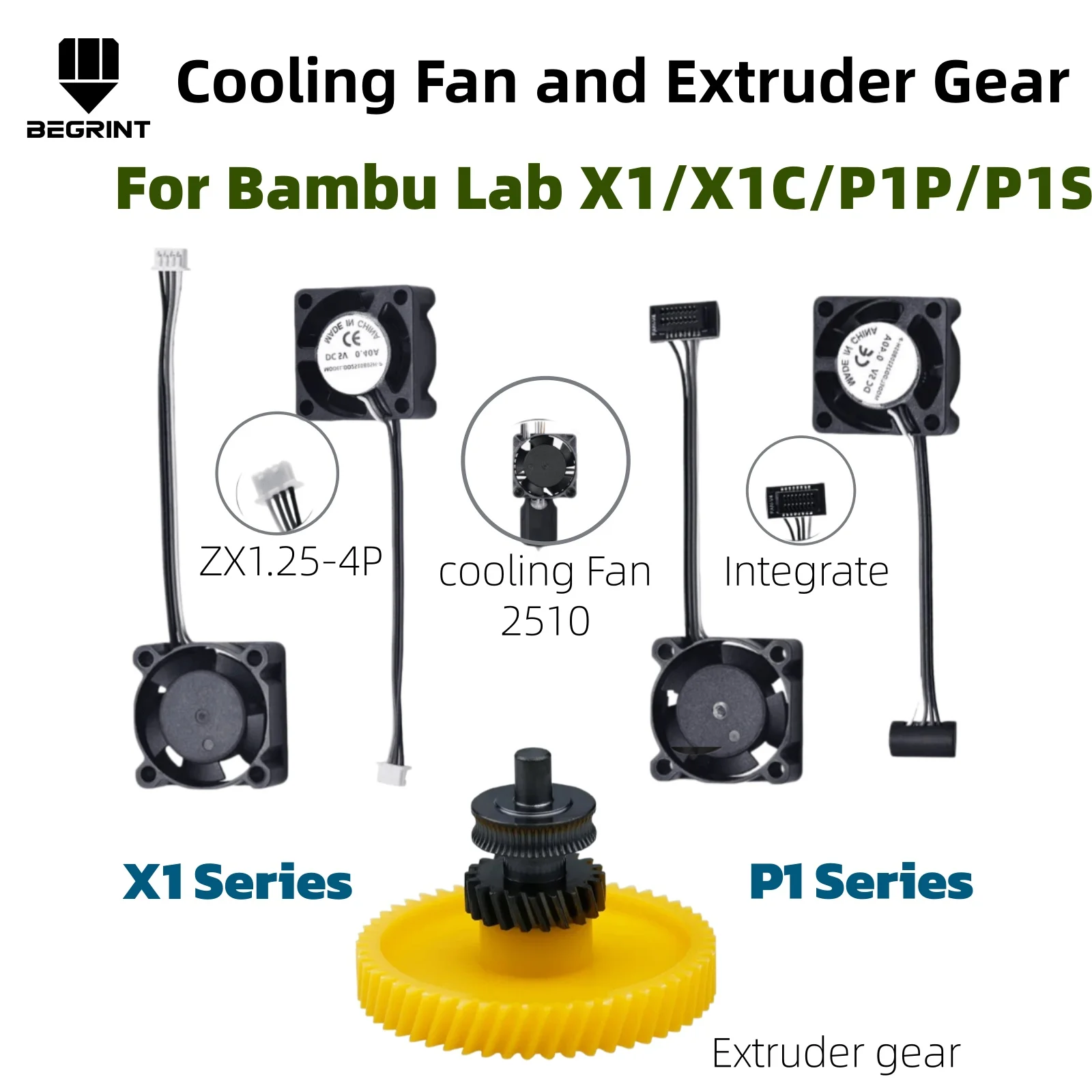 

2510 Cooling Fan & Extruder Gear with Cable, Rapid Heat Dissipation Hotend Fan for Bambu Lab X1C P1S P1P 3D Printer Accessories